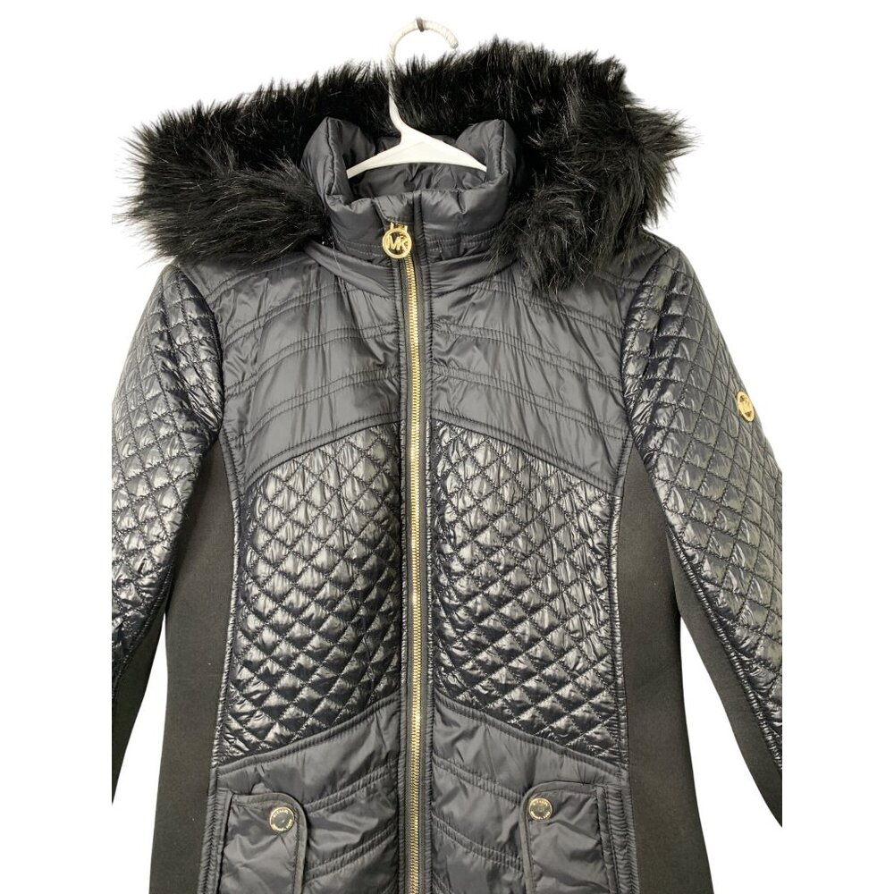 Michael Kors Quilted Knit Panel Puffer Faux Fur Hood Coat S Black RF10476 EUC - Picture 8 of 12